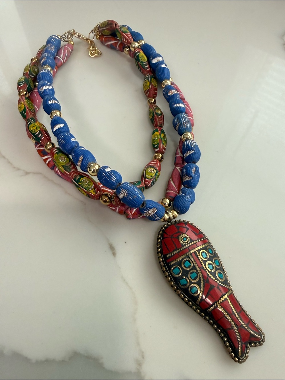 Handmade Colorful Beaded Statement Necklace with Yellow and Blue Accents